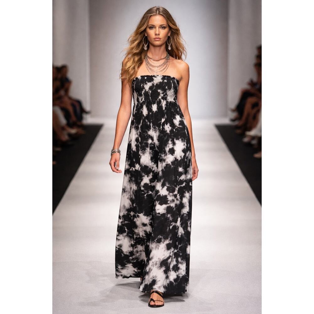 George Smocked Tie Dye Strapless Maxi Dress Womens Large Beachy Boho Vacation